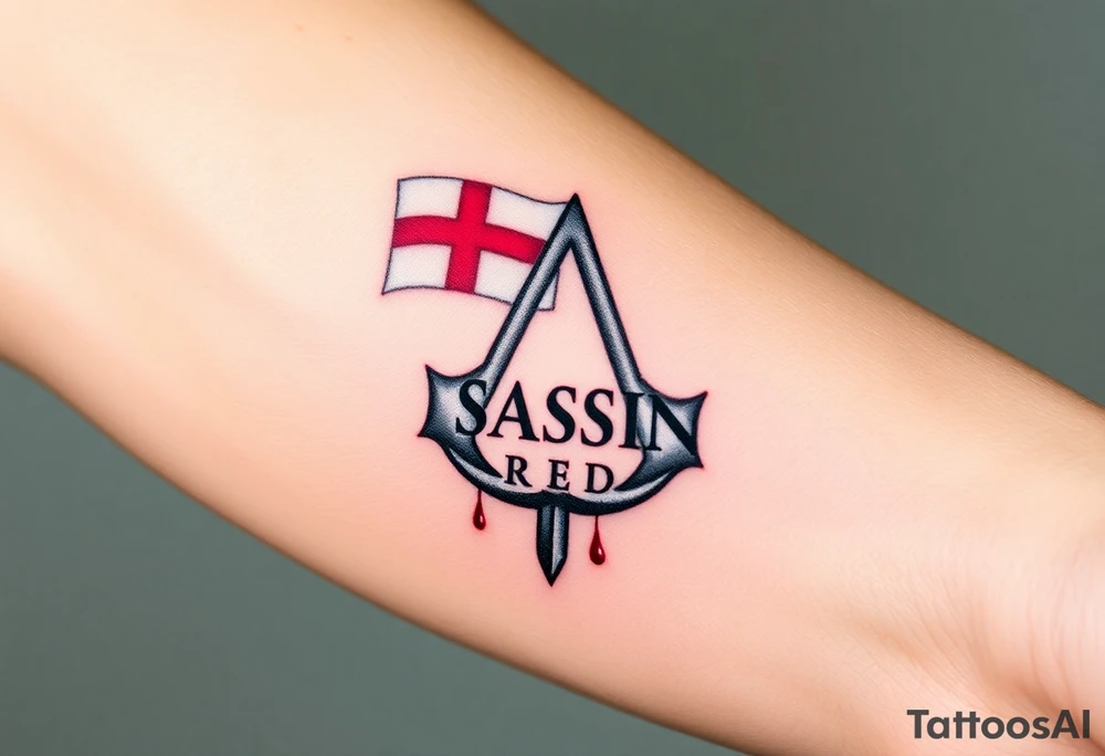 Assassins Creed logo with English flag and a sword with blood, no writing tattoo idea
