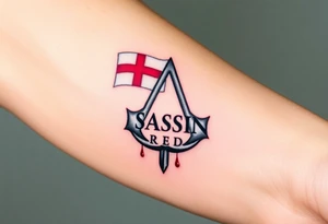 Assassins Creed logo with English flag and a sword with blood, no writing tattoo idea