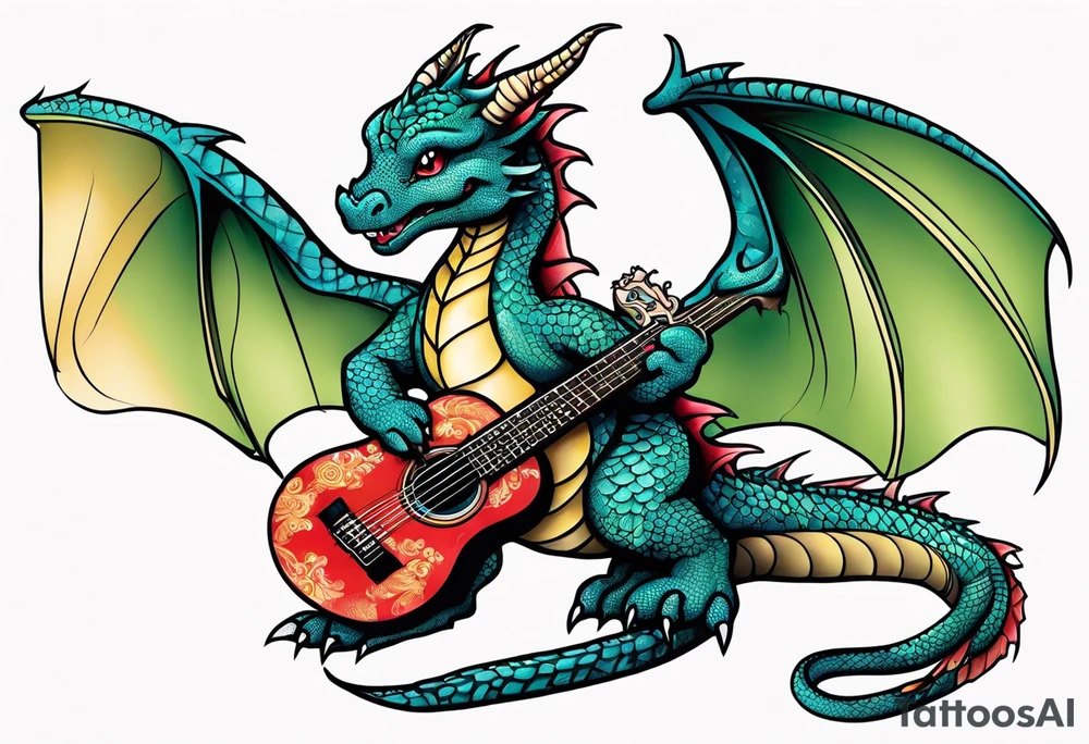 baby dragon with guitar tattoo idea