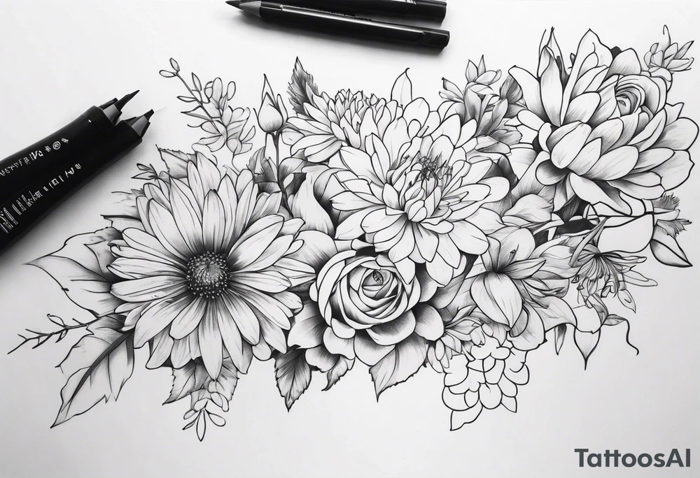 Asters, roses, lillies, and chrysanthemums in a long line tattoo idea