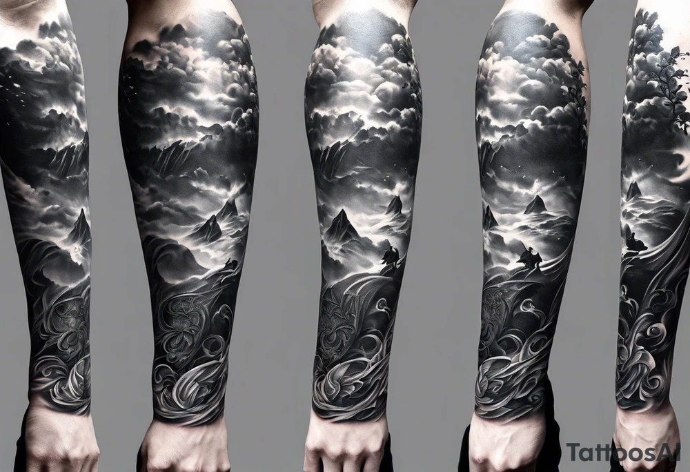 Forearm sleeve that is christian detailed and has saints make the tattoo have clouds as shading to connect it tattoo idea