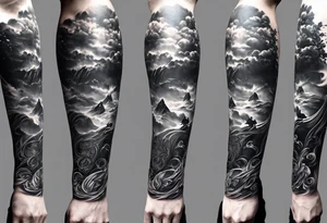 Forearm sleeve that is christian detailed and has saints make the tattoo have clouds as shading to connect it tattoo idea