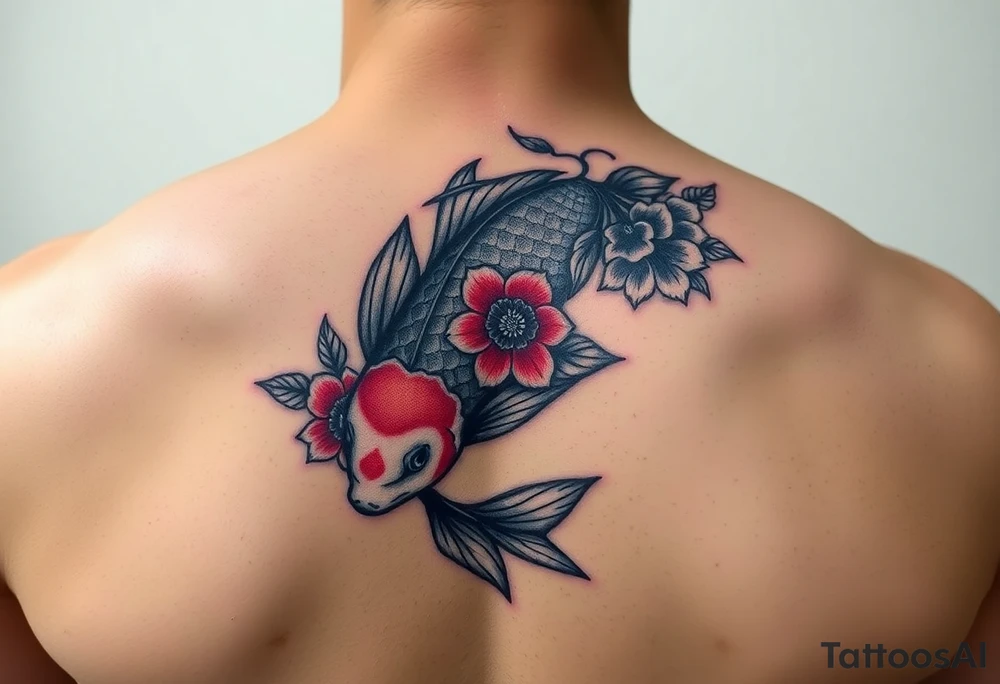 Une carpe koi avec des fleurs en couleur sur le bras tattoo idea