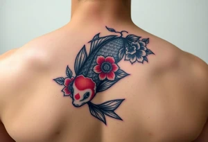 Une carpe koi avec des fleurs en couleur sur le bras tattoo idea