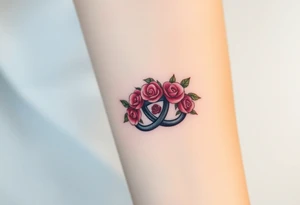 Celtic Trinity knot with a flower crown going through it made out of tiny maroon and blush pink colored roses tattoo idea