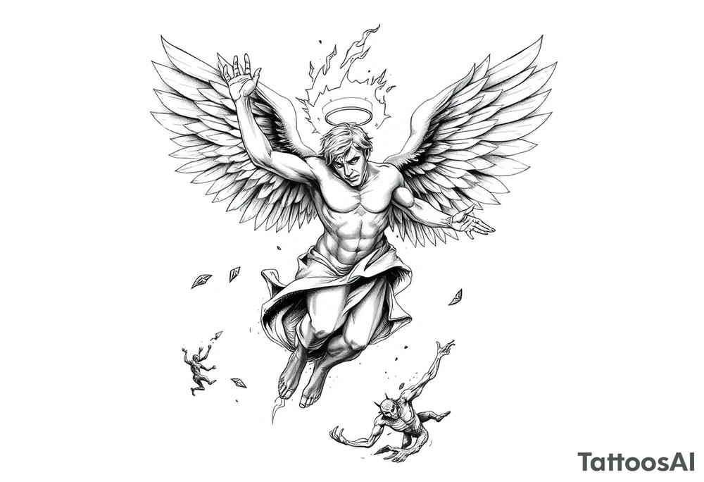 A fallen angel falling from heaven to hell , his wings catch fire and partially burn his halo breaks, Demons and dead souls reach out for him, he has a demon women by his side as he falls tattoo idea
