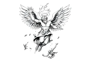 A fallen angel falling from heaven to hell , his wings catch fire and partially burn his halo breaks, Demons and dead souls reach out for him, he has a demon women by his side as he falls tattoo idea