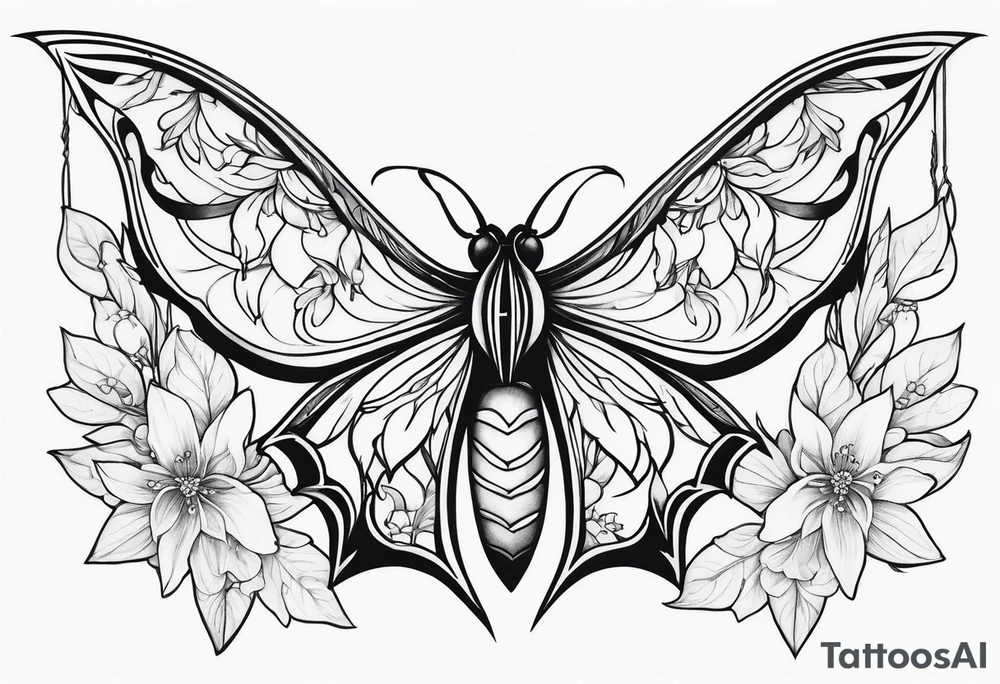 Shoulder and collarbone tattoo of a vibe of night-blooming Jasmine with a bat hanging from one of the stems tattoo idea