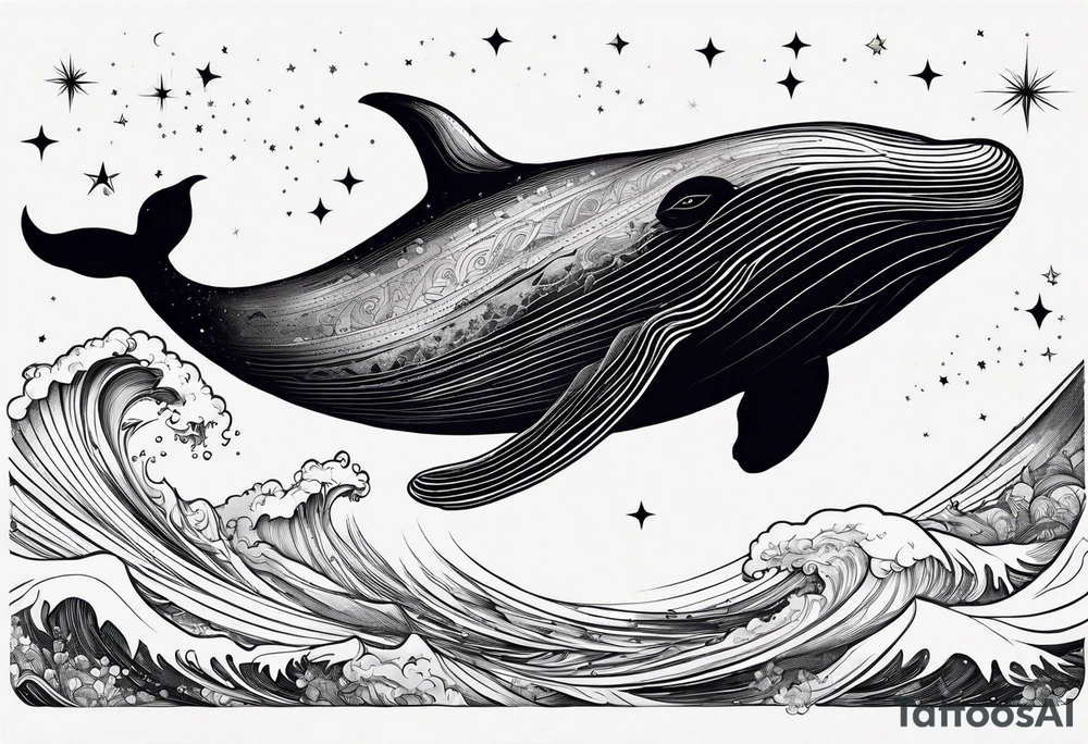 Moby dick inspired sperm whale jumping out of the water with the Virgo constellation in the sky tattoo idea