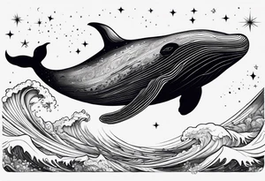 Moby dick inspired sperm whale jumping out of the water with the Virgo constellation in the sky tattoo idea
