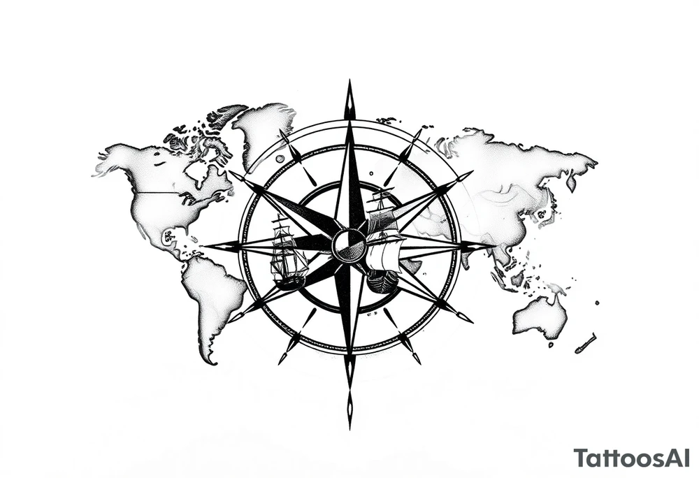 antique compass rose overlaid on weathered world map with sailing ships tattoo idea