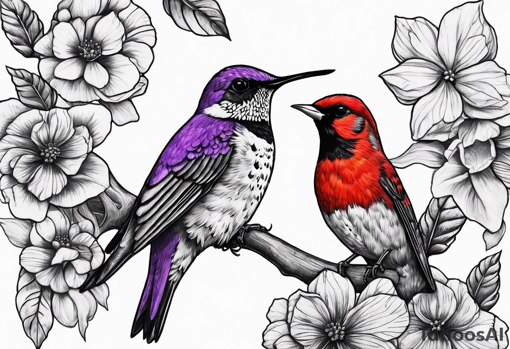 Got his dark sad Purple hummingbird, yellow finch, red cardinal, flower garden, tattoo idea