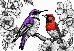 Got his dark sad Purple hummingbird, yellow finch, red cardinal, flower garden, tattoo idea
