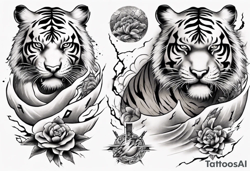 Tiger sleeve tattoo with lightning tattoo idea
