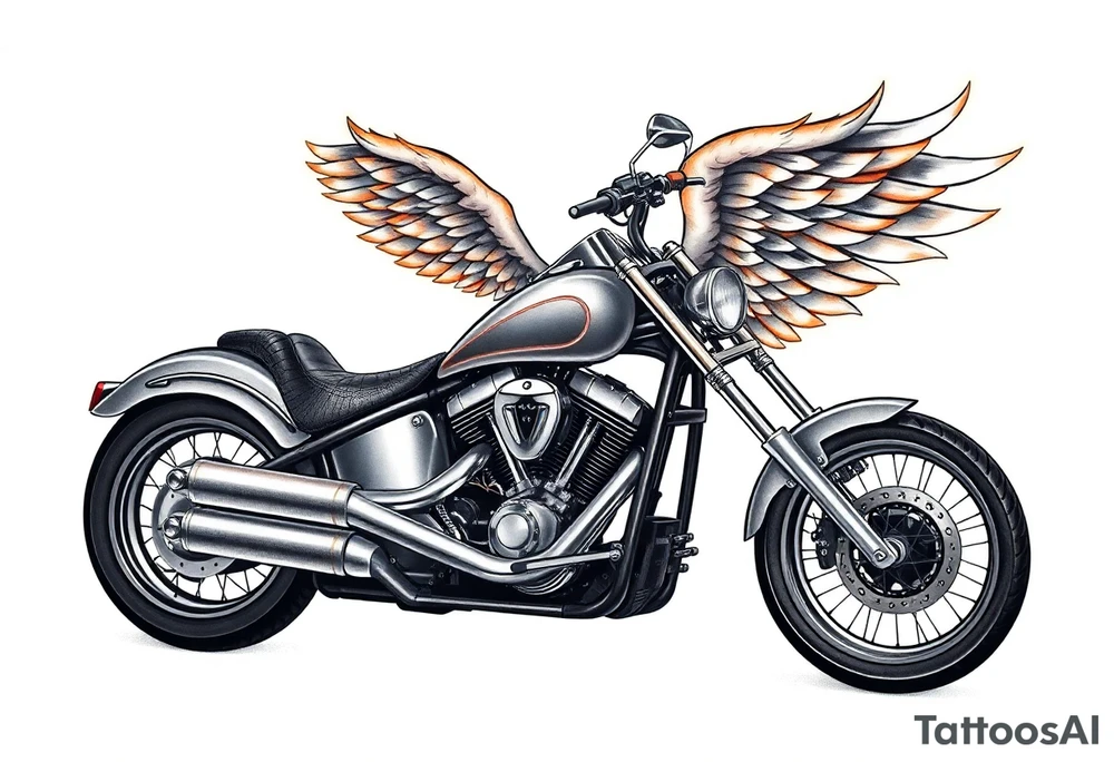 Low rider grey motorcycle, big muffler pipes with flames, angel wings, driving away, no person tattoo idea