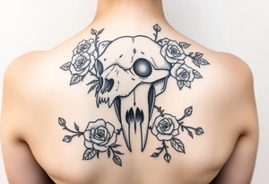 Line polar bear skull intertwined with climbing roses and thorny vines tattoo idea