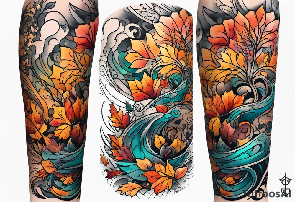Arm Sleeve Tattoo with fall colors flat tattoo idea