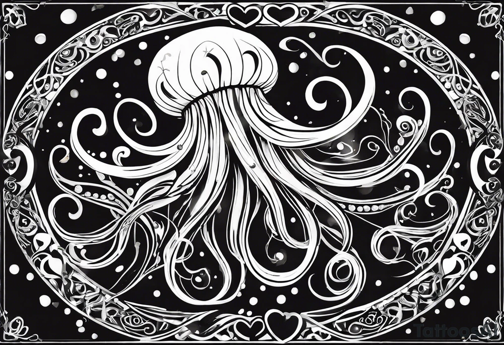The tattoo features a stylized jellyfish with its bell-shaped body at the top. The body of the jellyfish is adorned with multiple black hearts scattered across its surface, giving it a whimsical, playful look. From the body, long flowing tentacles descend gracefully, creating a sense of movement. Some of the tentacles have small leaf-like patterns attached to them, adding an organic and delicate touch to the design. The overall tattoo is composed of fine lines and shading, primarily in black ink, giving it a minimalist yet detailed appearance. The design blends smooth flowing curves with a few sharper, more structured lines, creating a balance between elegance and modern tattoo style. tattoo idea