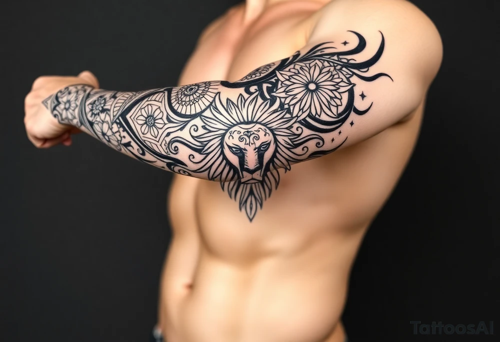 Tribal Sicilian sleeve with patterns
And symbols with a Leo tattoo idea