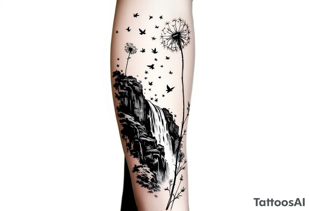 A dandelion with its leaves blowing away and turning into birds that fly up a waterfall tattoo idea