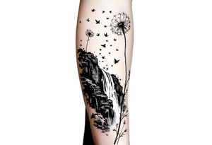 A dandelion with its leaves blowing away and turning into birds that fly up a waterfall tattoo idea