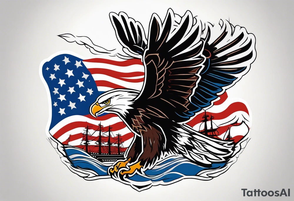 eagle flying in front of ship holding American flag in beak tattoo idea