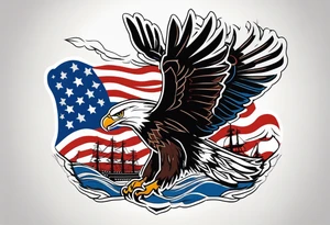 eagle flying in front of ship holding American flag in beak tattoo idea