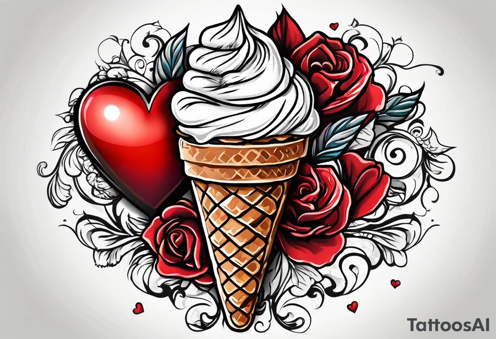 ice cream cone with one red heart tattoo idea