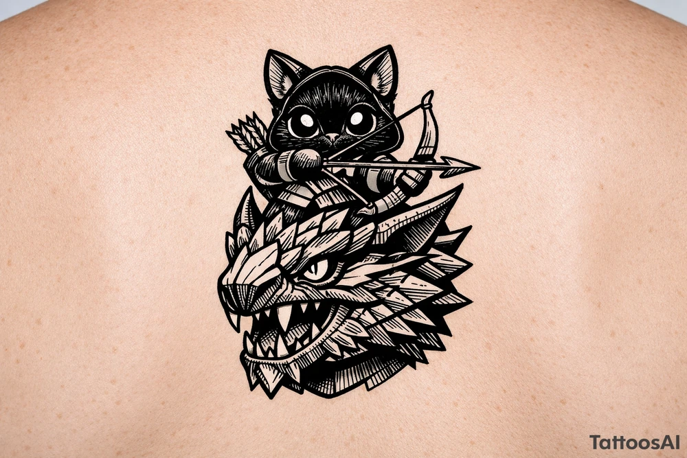 A vertical illustrative tattoo design, 2D vector style. A cute black Palico feline cat with realistic cat ears, and large glowing solid eyes is riding on the back of a Nargacuga dragon. The camera is zoomed in tight as a close-up portrait, showing only the full cat on top and the dragon's head and neck directly below it, acting as a compact pedestal base. The cat is holding a wooden hunter's bow and arrow. The dragon has sleek, smooth, interlocking reptilian wyvern scales, sharp fangs, and a glowing red streak trailing backward from its eye. Thick clean black outlines, clear spacing, solid white background, zero feathery textures, no 3D shading, stencil ready. tattoo idea