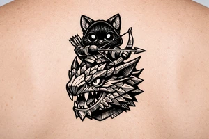 A vertical illustrative tattoo design, 2D vector style. A cute black Palico feline cat with realistic cat ears, and large glowing solid eyes is riding on the back of a Nargacuga dragon. The camera is zoomed in tight as a close-up portrait, showing only the full cat on top and the dragon's head and neck directly below it, acting as a compact pedestal base. The cat is holding a wooden hunter's bow and arrow. The dragon has sleek, smooth, interlocking reptilian wyvern scales, sharp fangs, and a glowing red streak trailing backward from its eye. Thick clean black outlines, clear spacing, solid white background, zero feathery textures, no 3D shading, stencil ready. tattoo idea