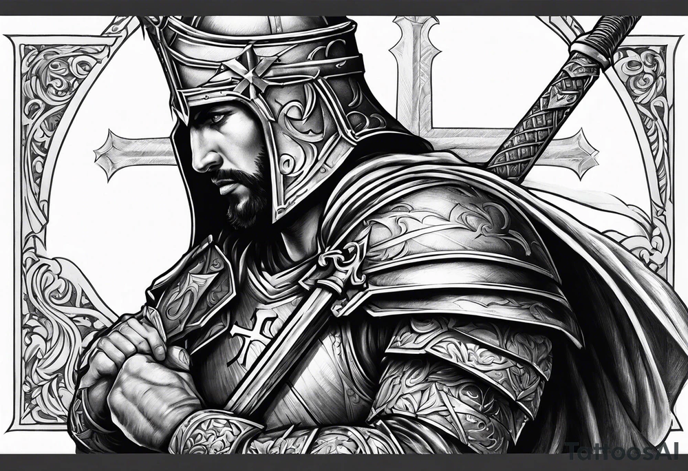 Crusader warrior holding a sword and wearing a cross on their armor, kneeling tattoo idea