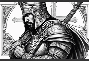 Crusader warrior holding a sword and wearing a cross on their armor, kneeling tattoo idea