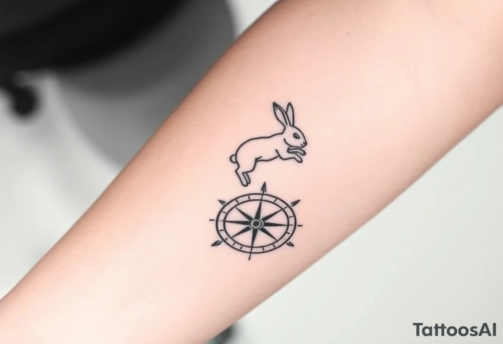 Rabbit jumping on top the compass that looks like a rabbit hole. tattoo idea