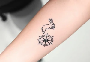 Rabbit jumping on top the compass that looks like a rabbit hole. tattoo idea