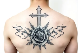 orthodox cross , palm , rose , clouds tattoo idea