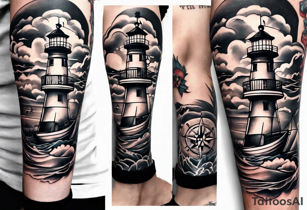 I want a lower leg sleeve with a ship, lighthouse, compass and a skull with a sailors hat on tattoo idea