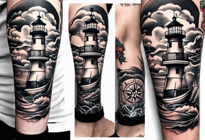 I want a lower leg sleeve with a ship, lighthouse, compass and a skull with a sailors hat on tattoo idea