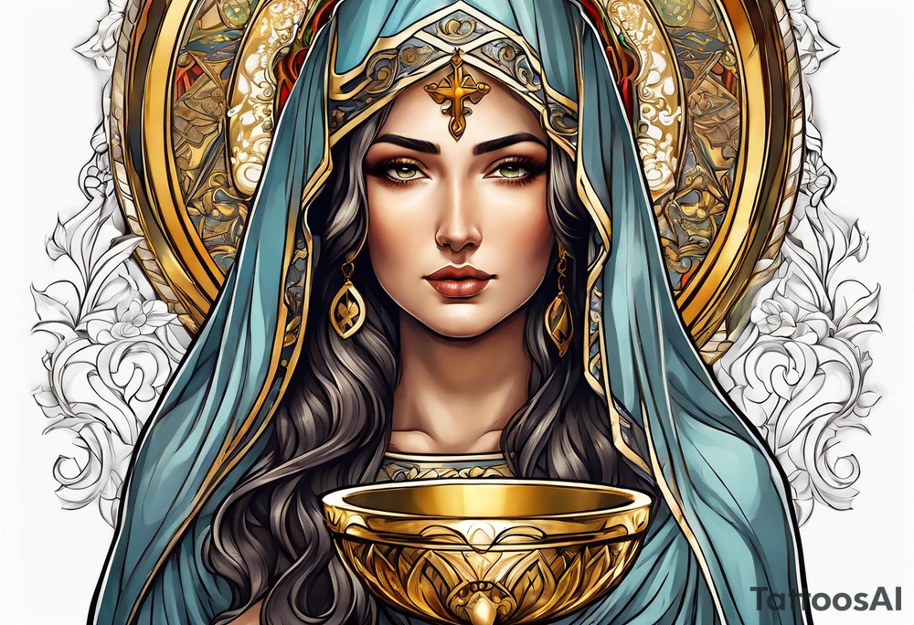 holy saint woman with golden halo holding a chalice tattoo idea