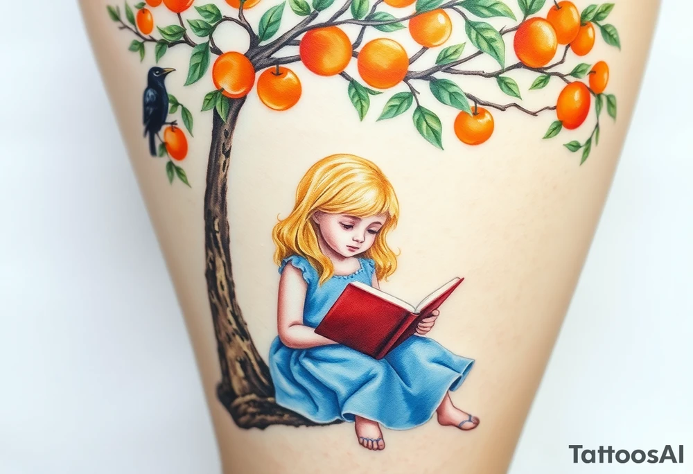 A blond little girl wearing a blue dress sitting under a orange tree while reading a book.a raven on top of a tree branch watching her. 


. tattoo idea