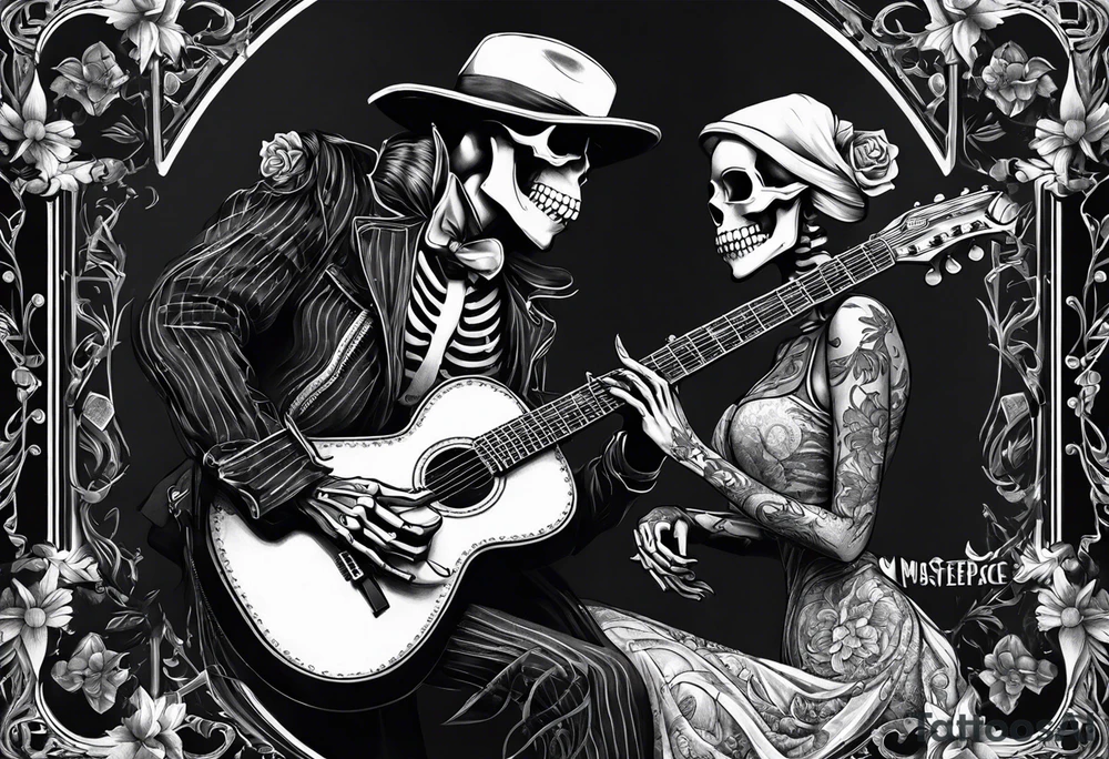 a male skeleton playing guitar while a female skeleton listens tattoo idea