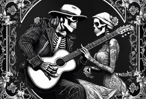 a male skeleton playing guitar while a female skeleton listens tattoo idea
