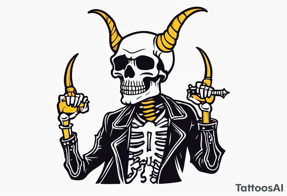 A rockstar skeleton performing and doing metal horns. tattoo idea