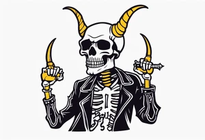 A rockstar skeleton performing and doing metal horns. tattoo idea