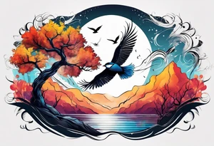tree flying away bird tattoo idea