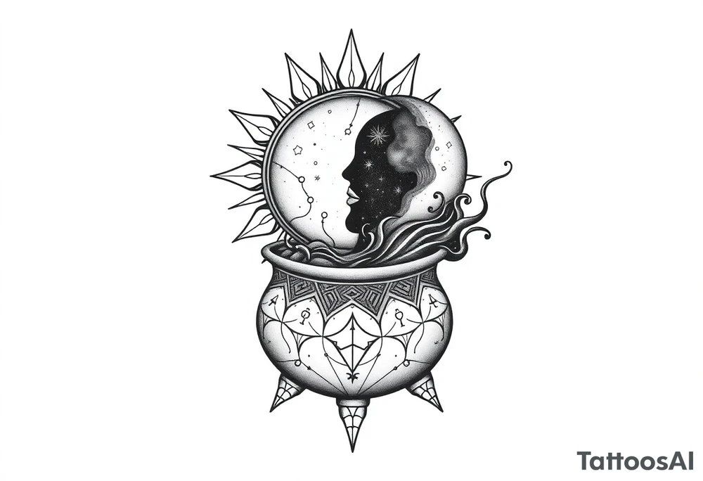 celestial sun and moon with constellation patterns runes in galaxy coming out of witch cauldron tattoo idea