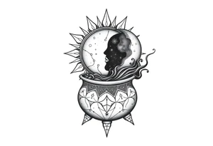 celestial sun and moon with constellation patterns runes in galaxy coming out of witch cauldron tattoo idea