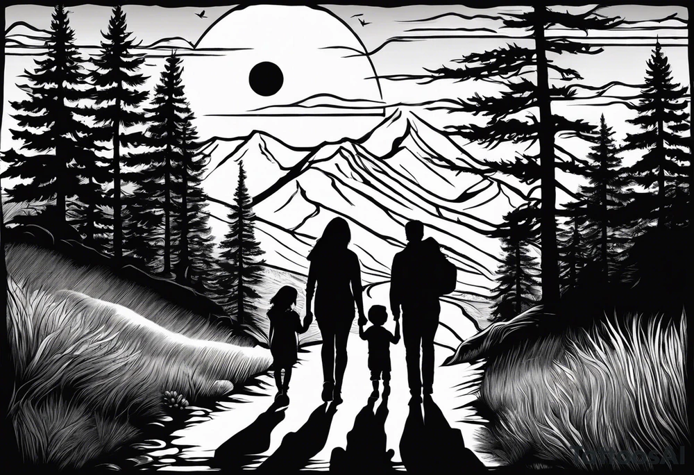 A shadow of a family of four walking through the Pacific northwest landscape. Faith centered and add Mexican culture .  Add frame tattoo idea