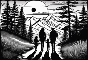 A shadow of a family of four walking through the Pacific northwest landscape. Faith centered and add Mexican culture .  Add frame tattoo idea