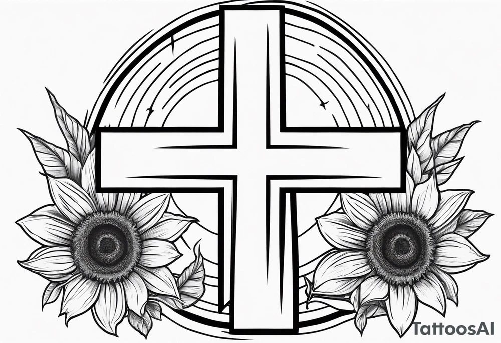 A central cross with the names Kyle Peter Lori on it with lighting a motorcycle and a sunflower around it tattoo idea