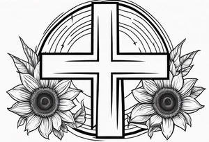 A central cross with the names Kyle Peter Lori on it with lighting a motorcycle and a sunflower around it tattoo idea